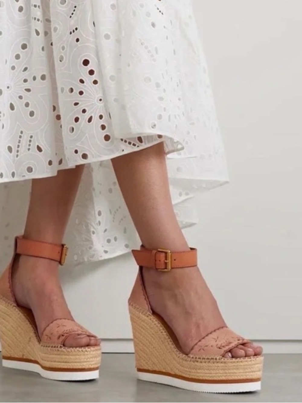 SEE BY CHLOE Glyn Scallop Wedge Espadrille Pink Calf Suede‎ 38 7.5